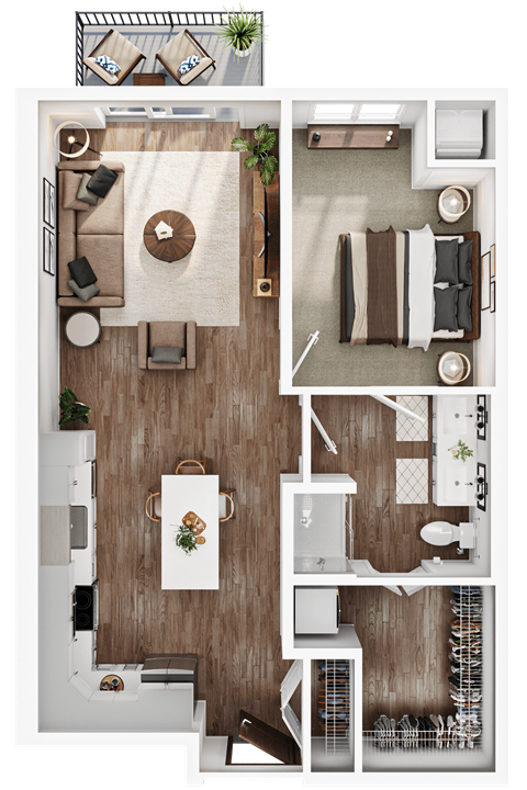 Floor plan for 1 bed, 1 bath, 796 sqft